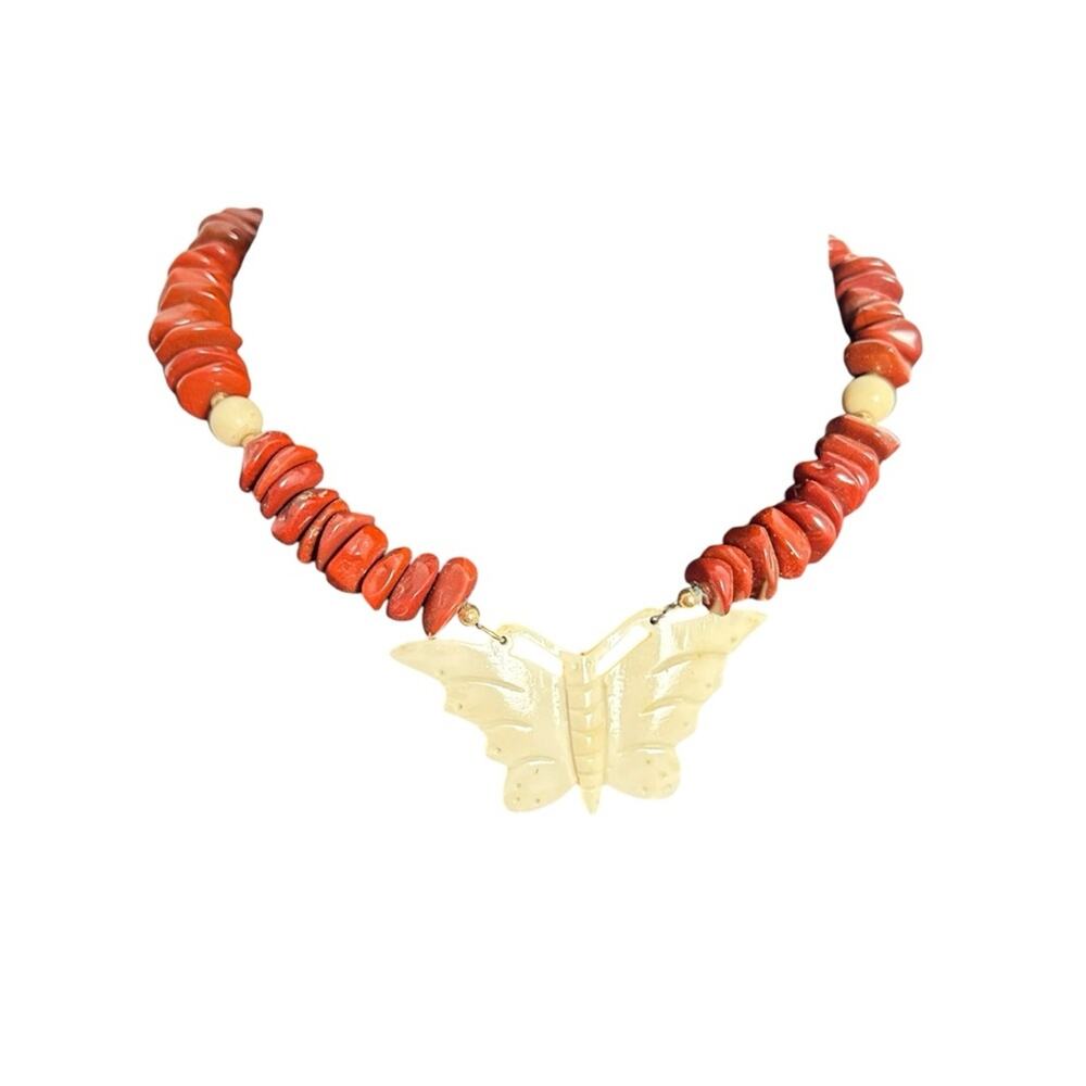 Red Stone Cute Butterfly Necklace Choker back clasp EC 15” flat